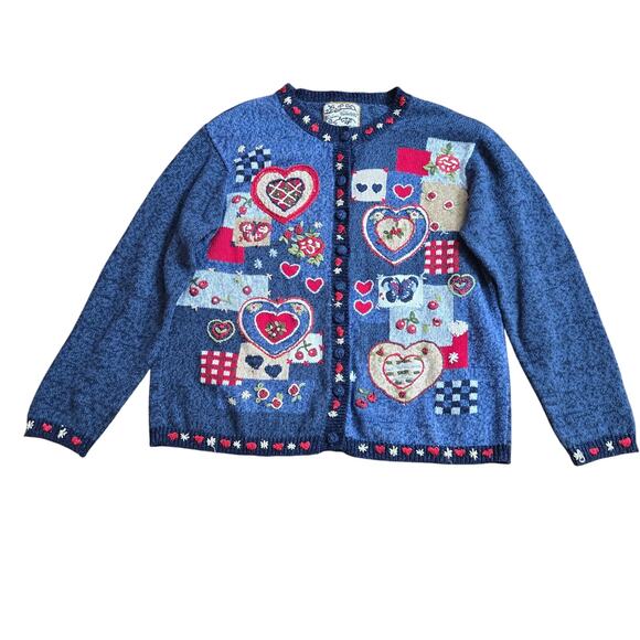 Heirloom Collectibles Vtg 90s Valentines Patchwork Embroidered Hearts Cardigan M - Picture 1 of 10